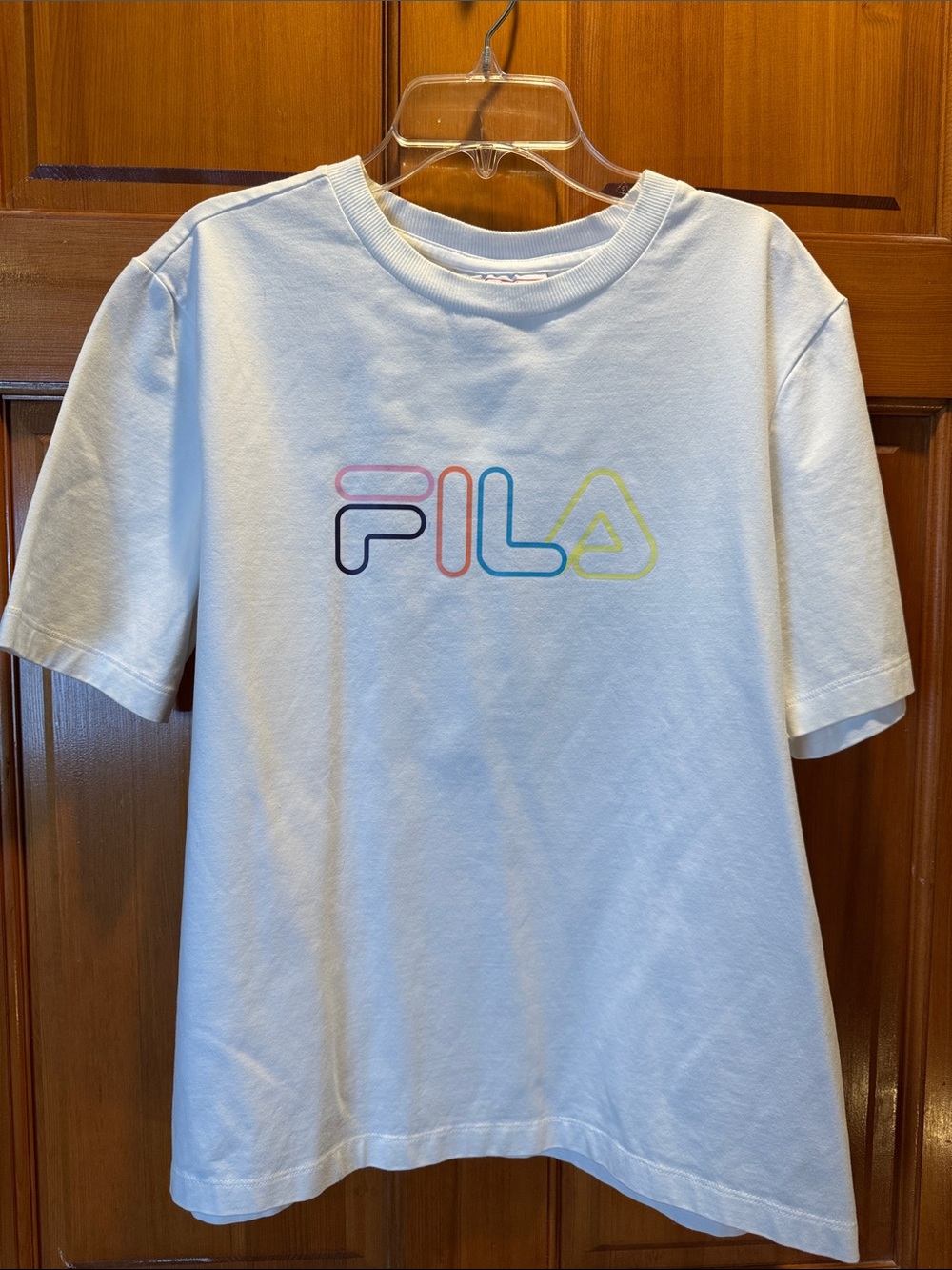 FILA Women’s White Tee with Pastel Multicolor Logo Size Large
